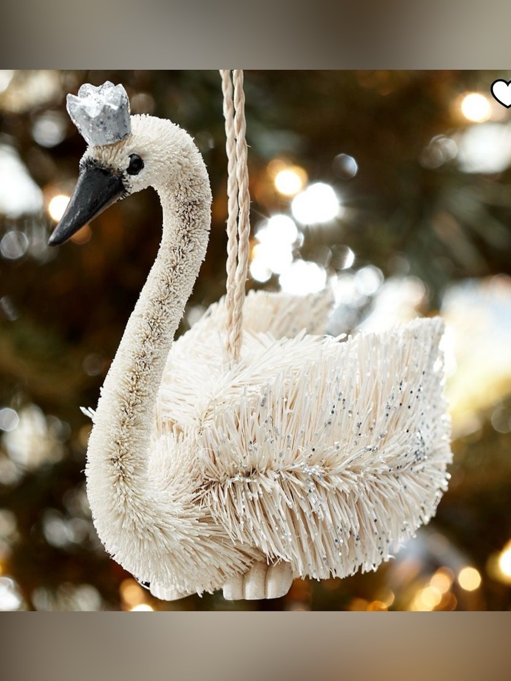 Pottery Barn Crowned Swan Ornament Natural Bottlebrush Glitter Holiday Gifts